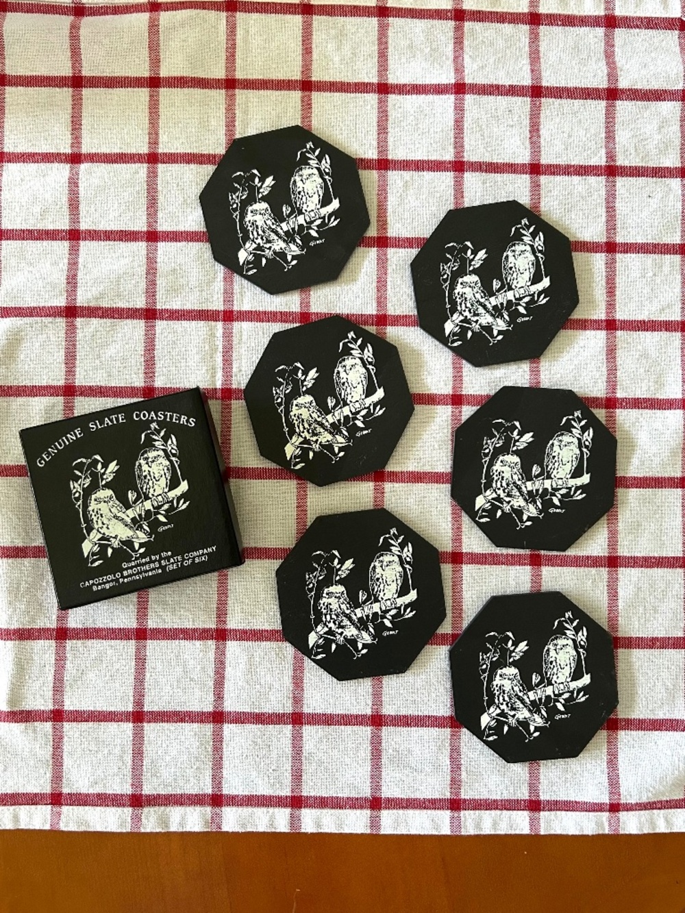 Set of 6 Genuine Slate Owl Coasters – New in Box!